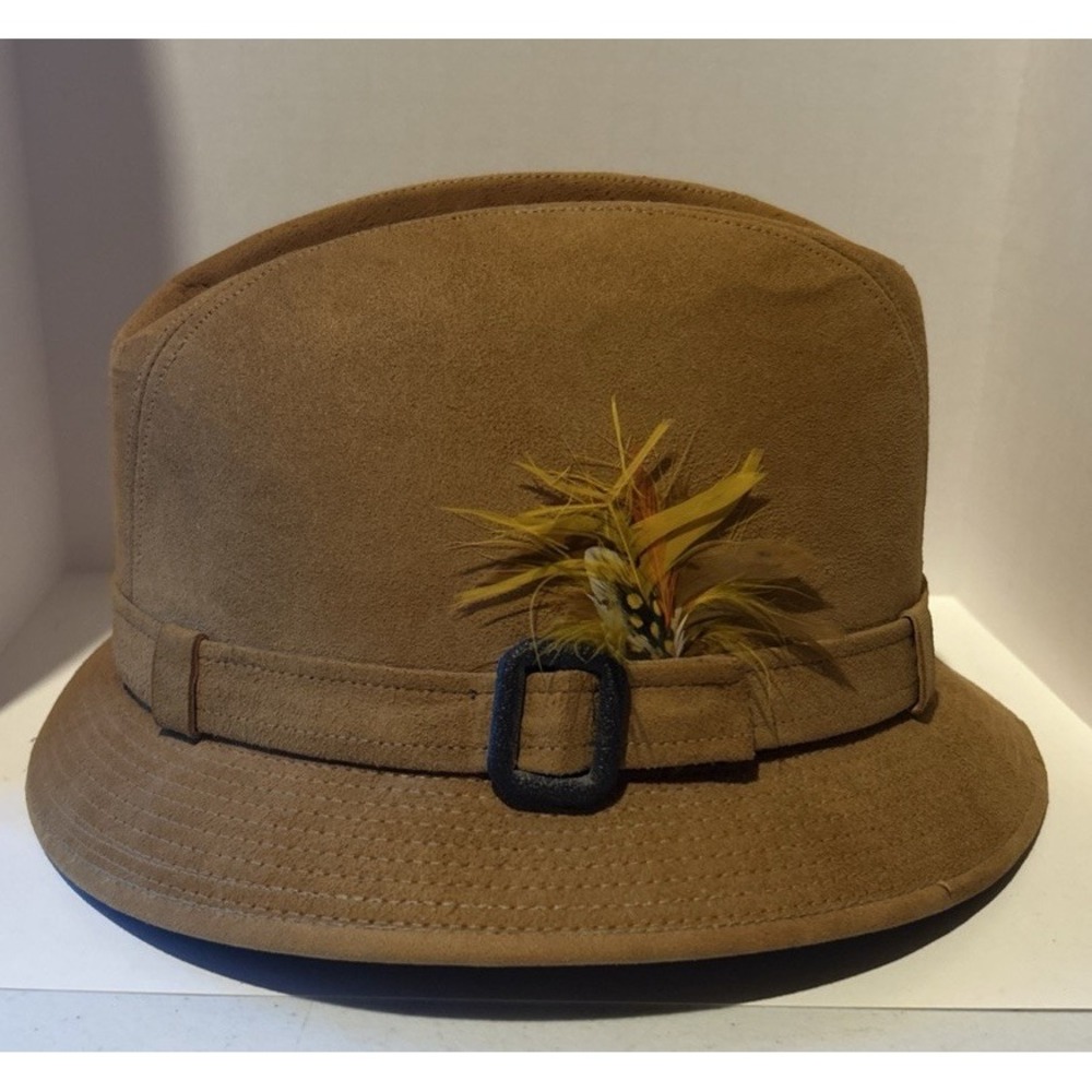 Vintage‎ Dobbs Man's Leather Suede Fedora Style Hat with Feather Size 7